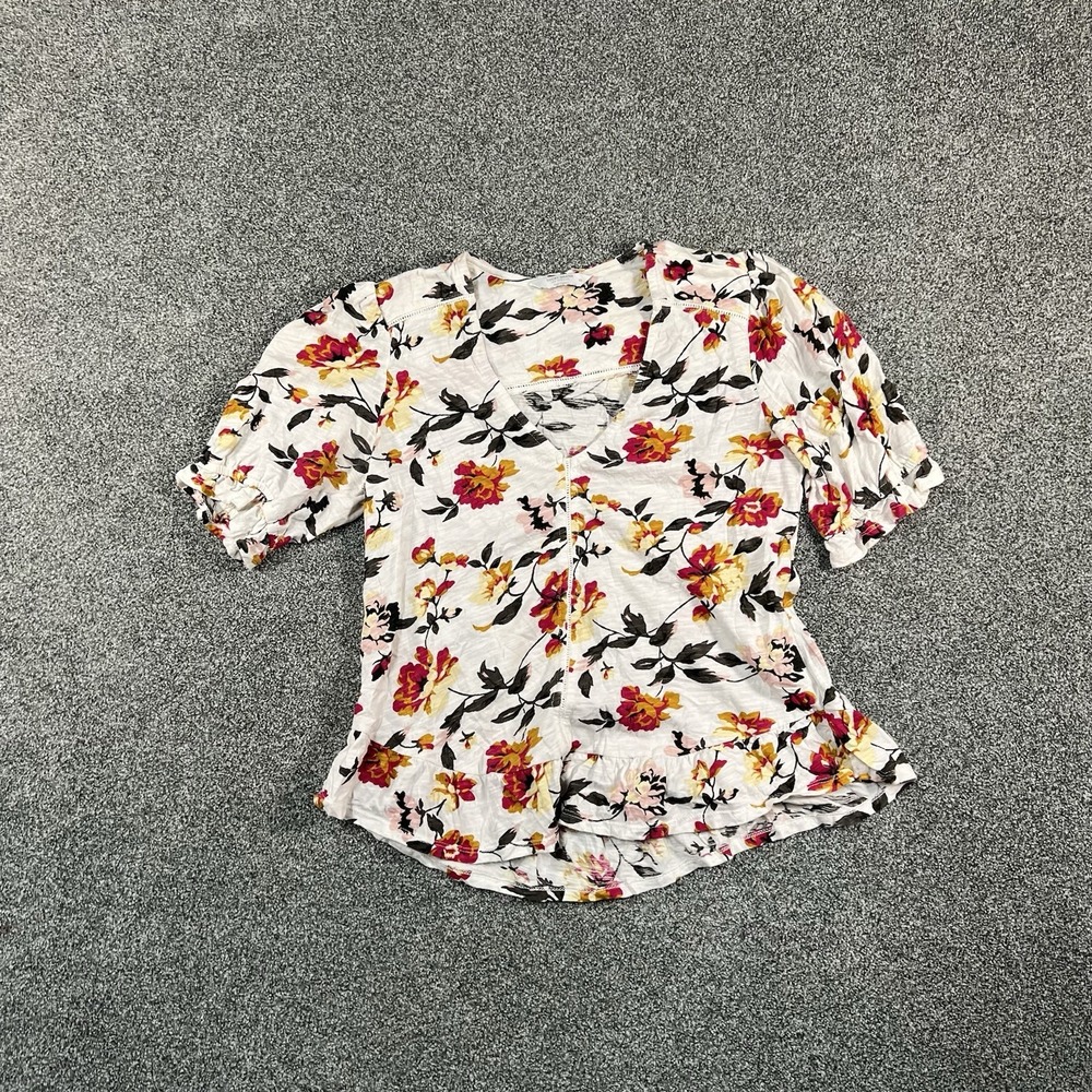 Lucky Brand Womens XS Floral Blouse V Neck Ruffle Hem Boho Peasant Top